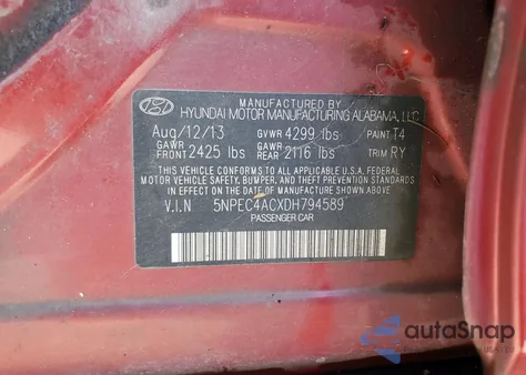 2013 Hyundai Sonata Se from USA, damaged, VIN 5NPEC4ACXDH794589